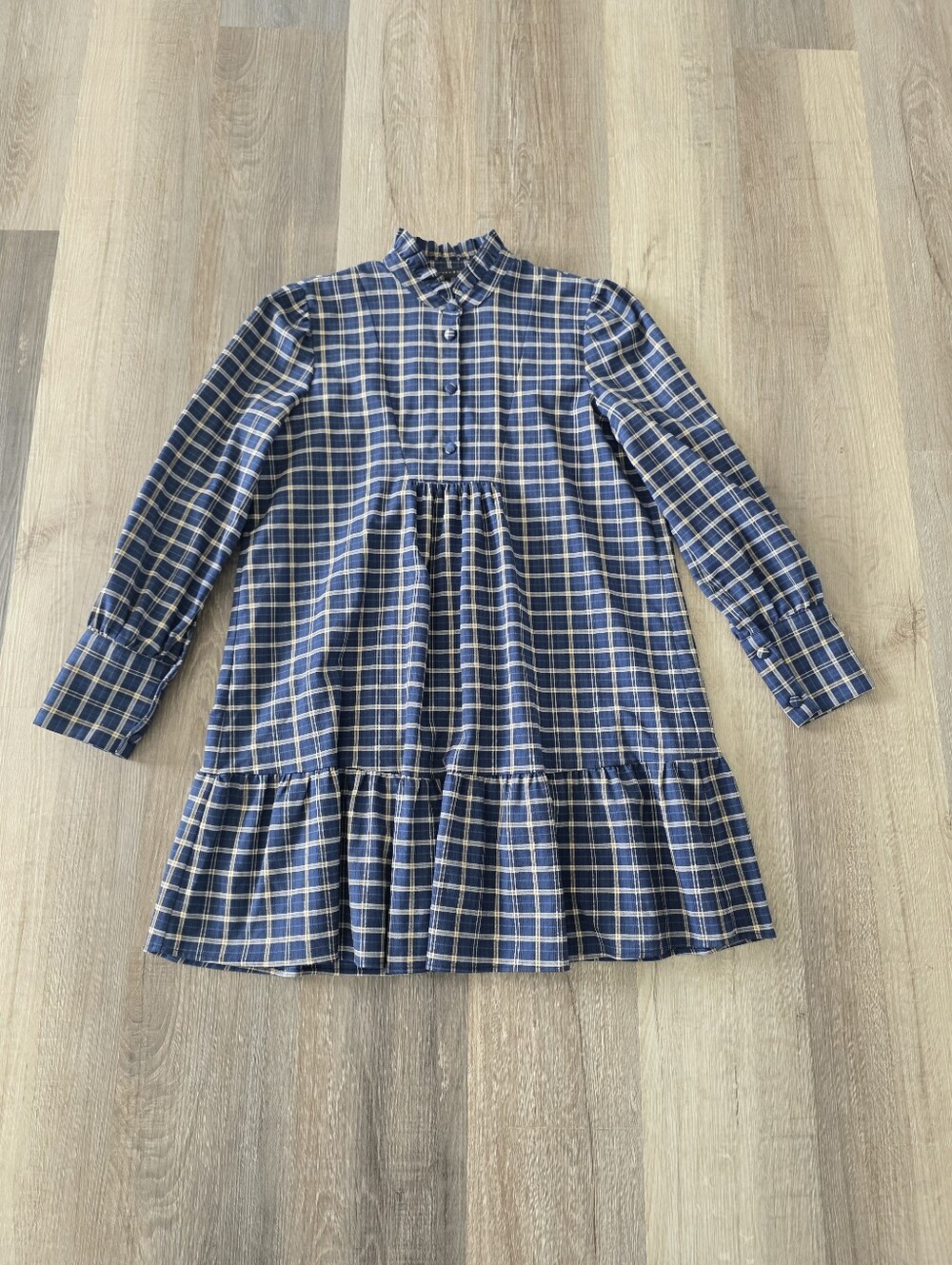 Zara Women's Blue plaid long sleeve tiered mini dress Sizse L